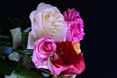 Koyu arkaplanda güller olan güzel bir buket.