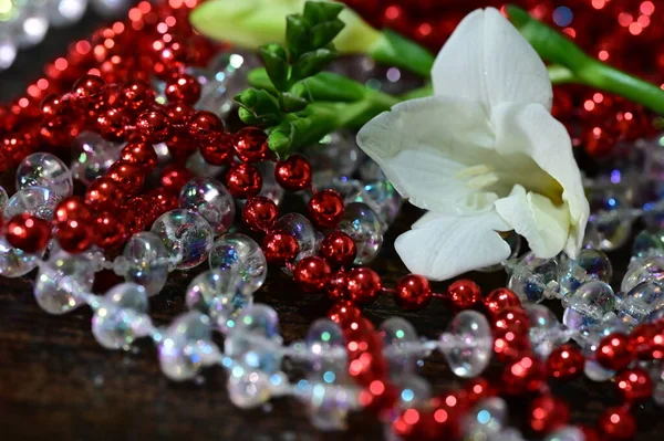 美丽的白色花朵 有闪亮的珠子 — 图库照片