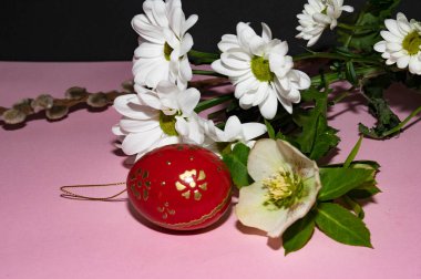 colorful  flowers and  easter egg, close up