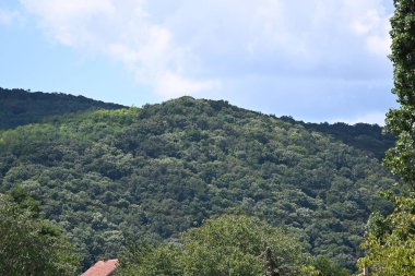 Mavi gökyüzü arka plan üzerinde Yeşil dağlar