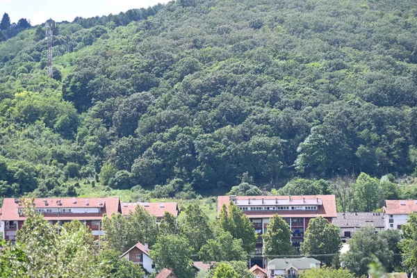 Utsikt Över Staden Arkitektur Med Gröna Berg — Stockfoto