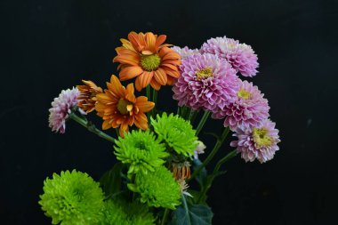 Siyah arka planda güzel bir buket çiçek. 