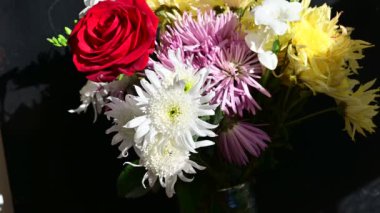 Farklı çiçeklerden güzel bir buket, siyah arkaplanı yakın plan