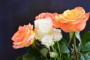 Siyah arka planda güzel bir buket gül çiçeği.