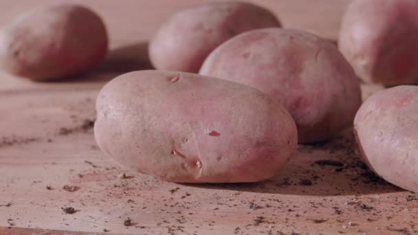 Patatas Recién Cosechadas Tierra Sobre Mesa Madera — Vídeo de stock