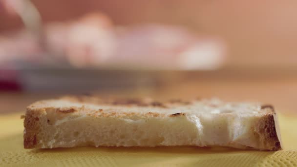 Preparing Appetizing Mortadella Sandwich Fresh Slice Bread Yellow Napkin — Stockvideo