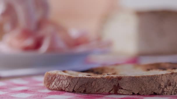 Preparing Appetizing Mortadella Sandwich Fresh Slice Bread Colored Cloth — Video Stock