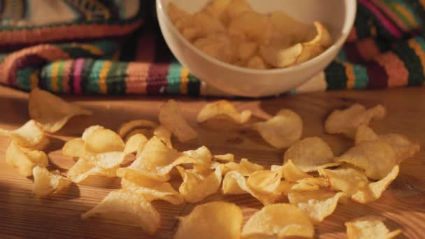 Potato Chips Wooden Table Hands Take Chips Party Time — Vídeos de Stock