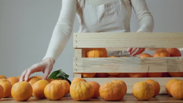 Βάλτε Πορτοκάλια Ξύλινο Κουτί Φρούτων Φρούτα Καφάσι Γεωργική Απασχόληση Υγιεινή — Αρχείο Βίντεο
