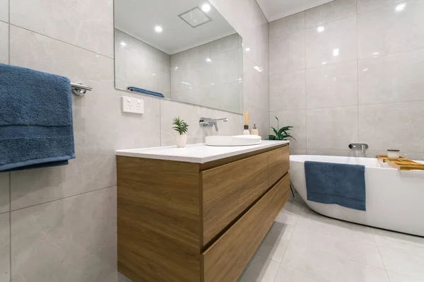 Modern Spacious Luxurious Bathroom Renovation Stock Photo