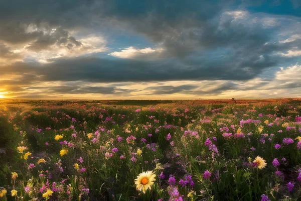 stock image Painting style illustration of a field with flowers at sunset