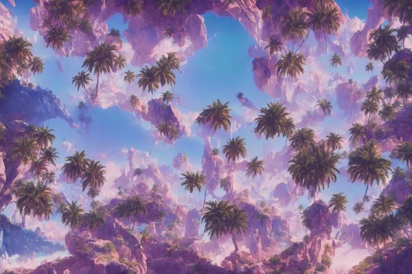 Surrealistische Dampfwellenlandschaft Schwimmende Inseln Mit Palmen — Stockfoto