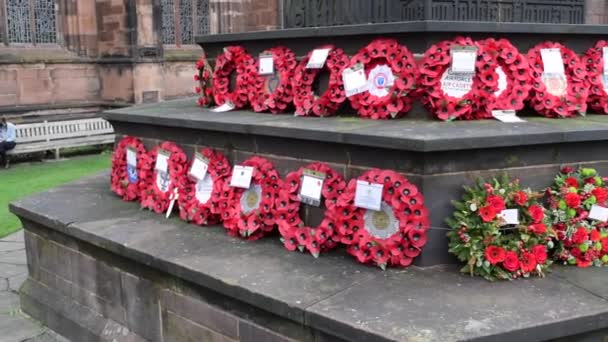 Chester Cathedral War Memorial Poppy Wreaths Remembrance Day — Stok video