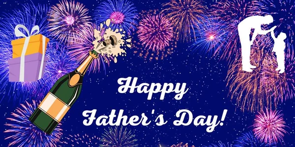 Happy fathers day illustration with fireworks, champagne and gifts on blue background.