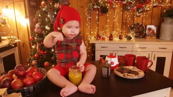 Cute Child Boy Cool Red Plaid Suit Bare Feet Sits — Vídeos de Stock