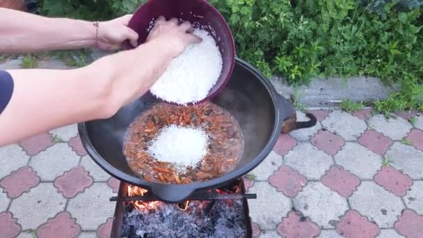 Cocinar Pilaf Uzbeko Añadir Arroz Láser Zirvak Hirviendo Caldero Hierro — Vídeos de Stock
