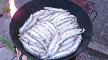 Izgaradaki dökme demir tavada kızarmış kapelin.