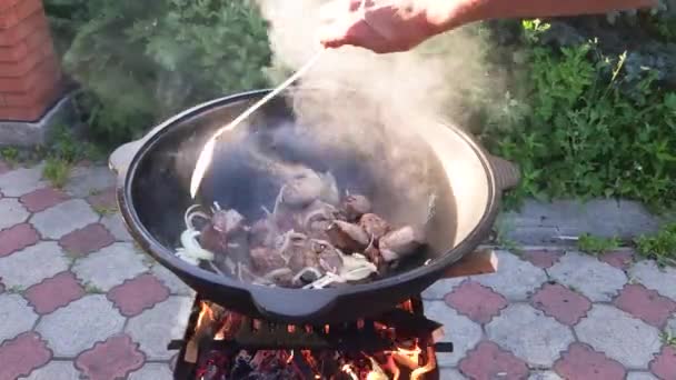 우즈베키스탄 가마솥에 기름에 양파를 고기를 이상으로 — 비디오