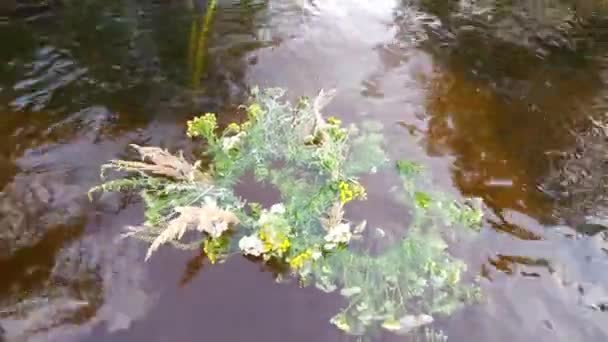 Dos Guirnaldas Flores Silvestres Flotan Río Abajo Para Fiesta San — Vídeo de stock