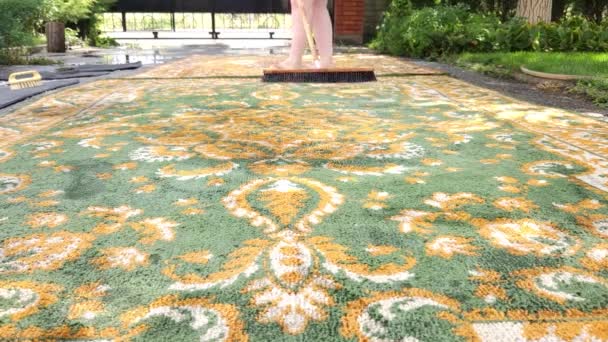 างพรมด วยแปรงท ผงซ กฟอกในสวน — วีดีโอสต็อก