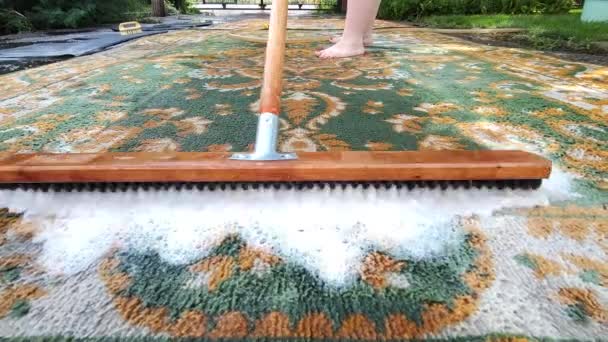 Teppiche Mit Bürste Und Reinigungsmittel Hof Waschen — Stockvideo