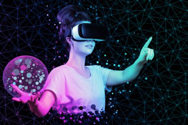 Collage of digital contemporary technology. Portrait of young woman in VR glasses holding 3D simulation of mesh sphere. Dark background with neon abstracts. Concept of virtual reality and metaverse.