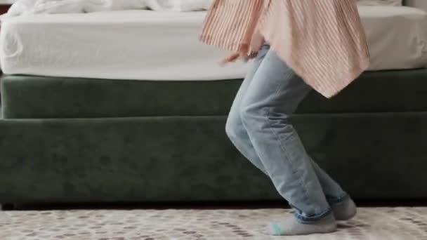Unrecognisable Person Dancing Merrily Home Legs Close — Video
