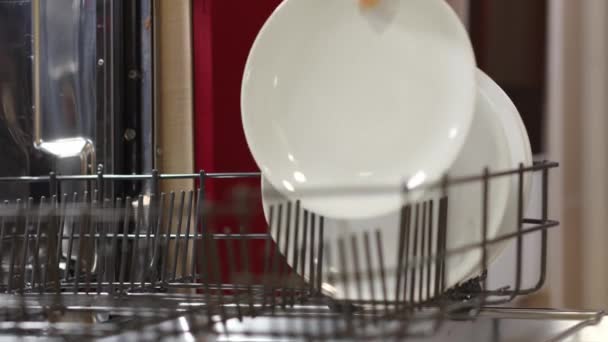Автоматическая Посудомоечная Машина Дома Рука Крупным Планом Кладет Тарелки Посудомоечную — стоковое видео