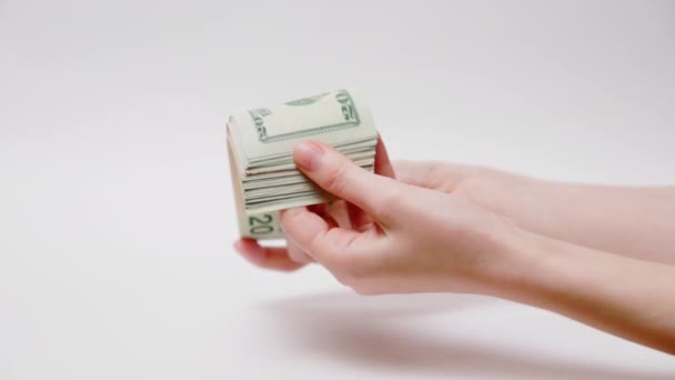 Cash Currency Female Hands Shows Thick Wad American Dollars Demonstrating — Stock videók
