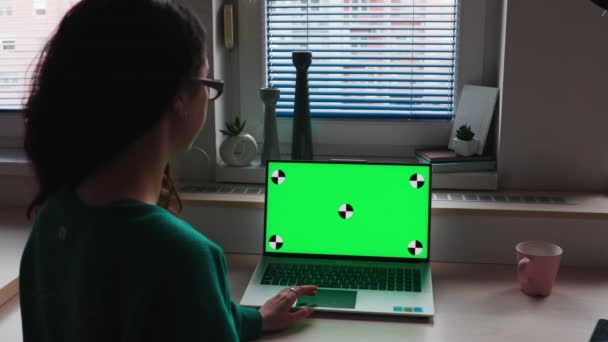 Videocall Rear View Woman Watching Green Screen Laptop Copy Space — стоковое видео