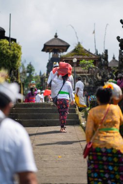 Balinese woman carries offerings to the temple. Back view.