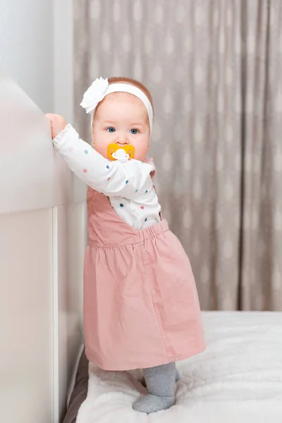 Cute Baby Girl Dress Pacifier Her Mouth Headband Her Head — Stock Photo, Image