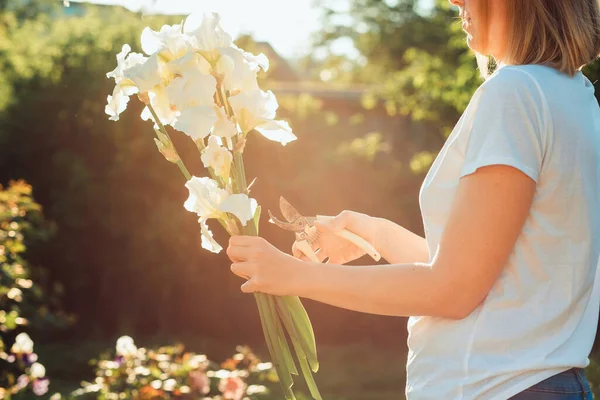 Young Caucasian Woman Holds Bouquet White Irises Pruning Dry Leaves — Stockfoto