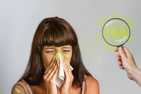 Colds Seasonal Viral Diseases Brunette Woman Sneezes Blows Her Nose — Zdjęcie stockowe