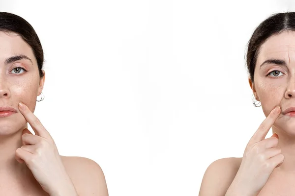 化粧品の前と後の結果 若さと高齢を示す2つの長さの女性の肖像画 白地だ コピースペース 専門美容整形 美容整形の概念 — ストック写真