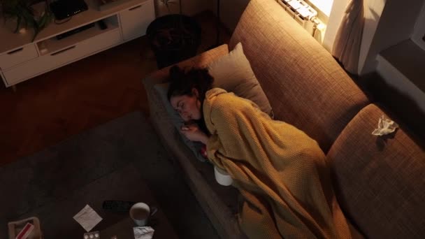 Sick Leave Suffering Caucasian Woman Lying Sofa Handkerchief Covered Blanket — Wideo stockowe