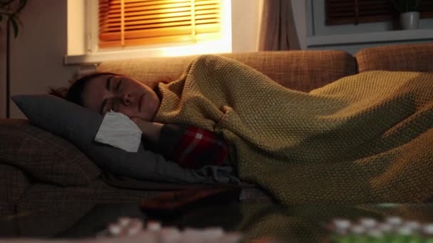 Flu Health Disorder Illness Young Caucasian Woman Lying Sofa Covered — Vídeo de stock