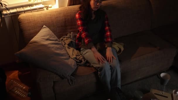 Flu Illness Sad Young Caucasian Woman Sitting Sofa Take Medications — Vídeo de stock