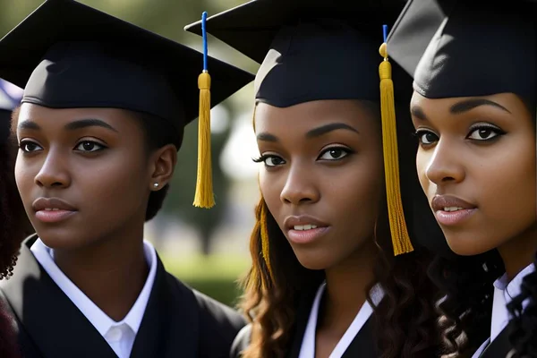 帽子とガウンに身を包んだ若いアフリカ系アメリカ人女性のグループ 大学卒業 教育の概念と卒業証書や学士号を取得します 代々のAi — ストック写真