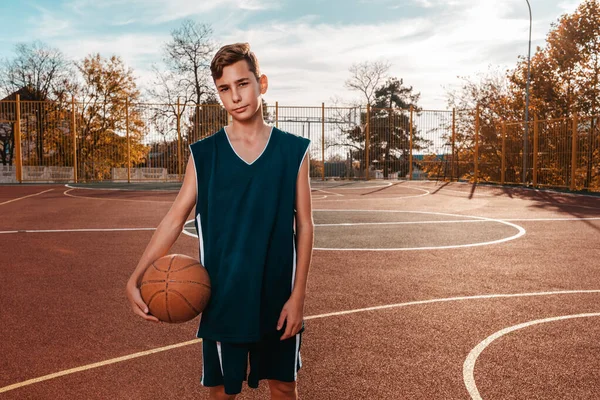 Sports Basketball Young Teenager Black Tracksuit Poses Basketball His Hands — Stock Photo, Image