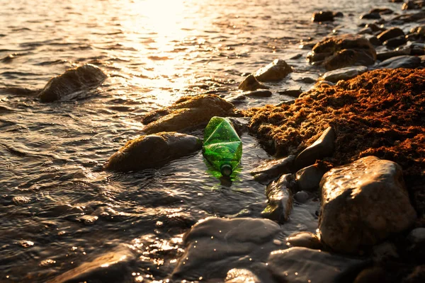Pollution of seas and rivers. Ecosystem conservation. A green plastic bottle is lying in the water on the ocean shore. The concept of ecological disaster.