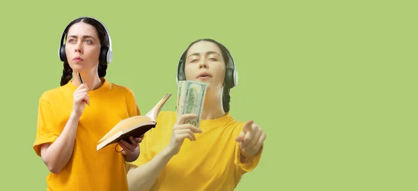 Web banner of advertising. Thoughtful girl wearing headphones holds a pen with notebook. Singing young woman holds a dollars cash. Isolated at green background, double exposure. Copy space. Concept of university admission and education.