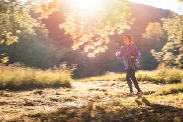 Eine Junge Frau Sportkleidung Joggt Durch Den Wald Und Hält — Stockfoto