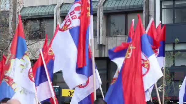 2023 Novi Sad Serbia 塞尔维亚人民在主要街道上的政治集会 示威和抗议 国旗的收尾 — 图库视频影像