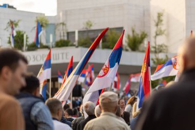 Gösteri ve protesto. Sokaktaki insanların siyasi mitinginde Sırp bayrakları var.