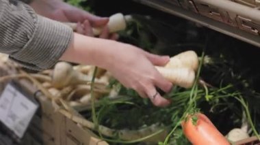 Kadın süpermarkette organik yaban havucu seçiyor. Hipermarkette doğal taze tarım ürünleri. Sebzeli el ve raflara yakın çekim.
