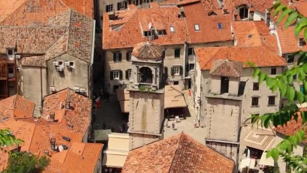 Top Kilátás Vörös Csempézett Tetők Óváros Kápolna Középkori Város Kotor — Stock videók