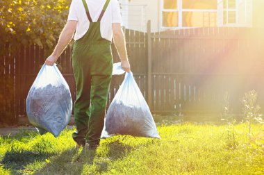 Gardener carries bags of leaves after cleaning the yard . the sun is shining brightly on the right