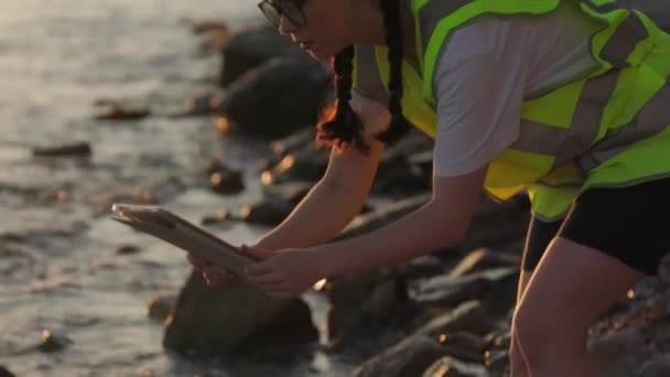 近视年轻女性志愿者身穿背心和使用石碑分析海水 环境污染和生态概念 — 图库视频影像