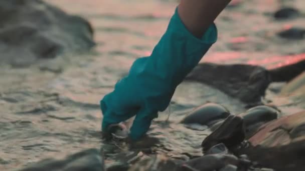 Giovane Ecologista Donna Guanti Gomma Giubbotto Attira Acqua Dall Oceano — Video Stock